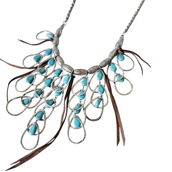 Statement Faux Turquoise, Mixed Metals, and Leather Necklace - Picture 1 of 6